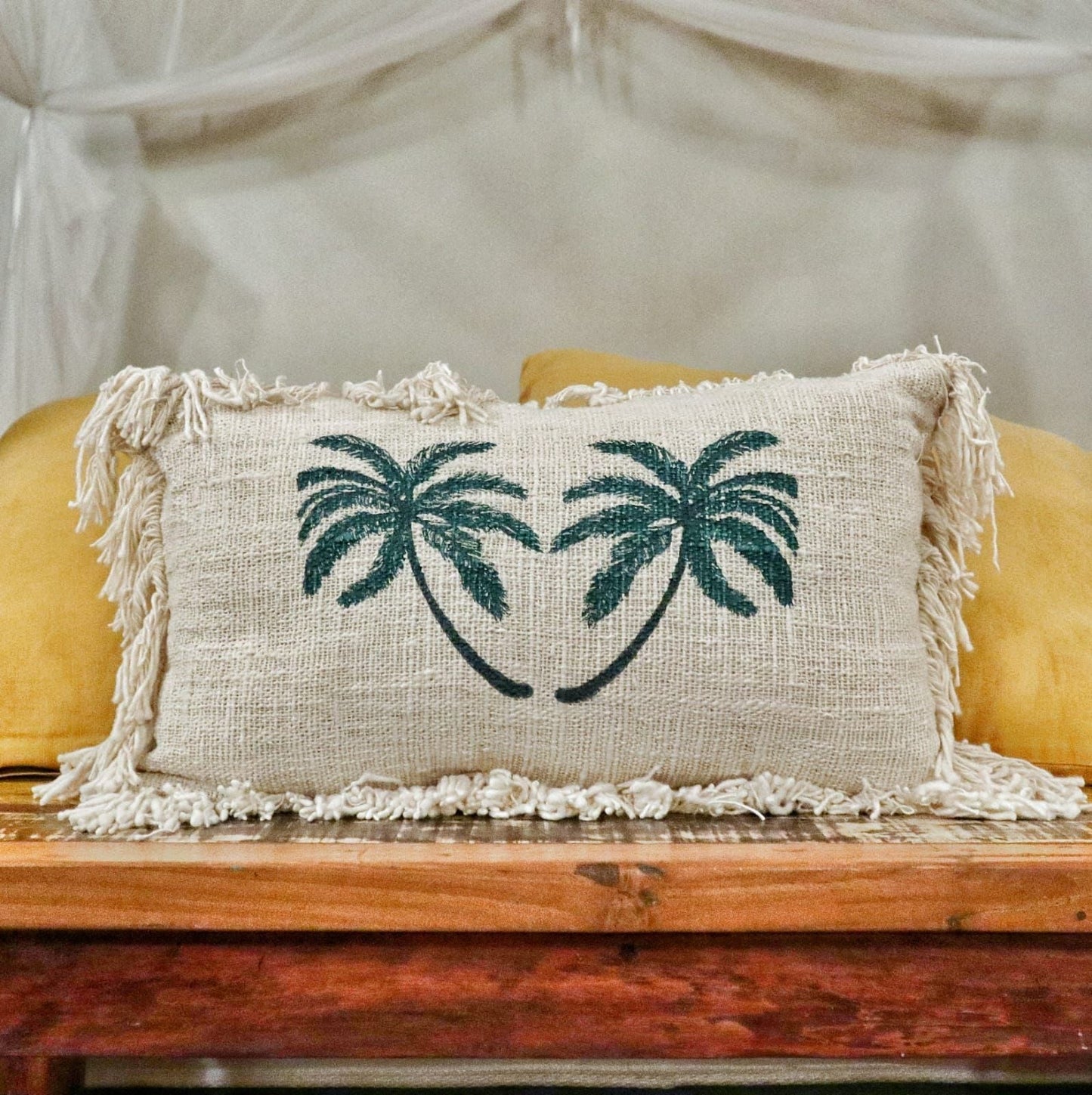Alt Tag: Cotton Linen Cushion – 30x50 CM Palm Tree Fringe rectangular cushion with palm tree embroidery and fringe trim on sofa