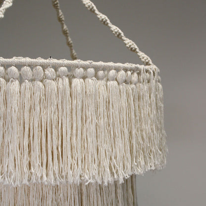 Alt Tag: Cotton Macrame Chandelier – 80x50 CM close-up of handwoven natural cotton fringe boho chandelier shade detail