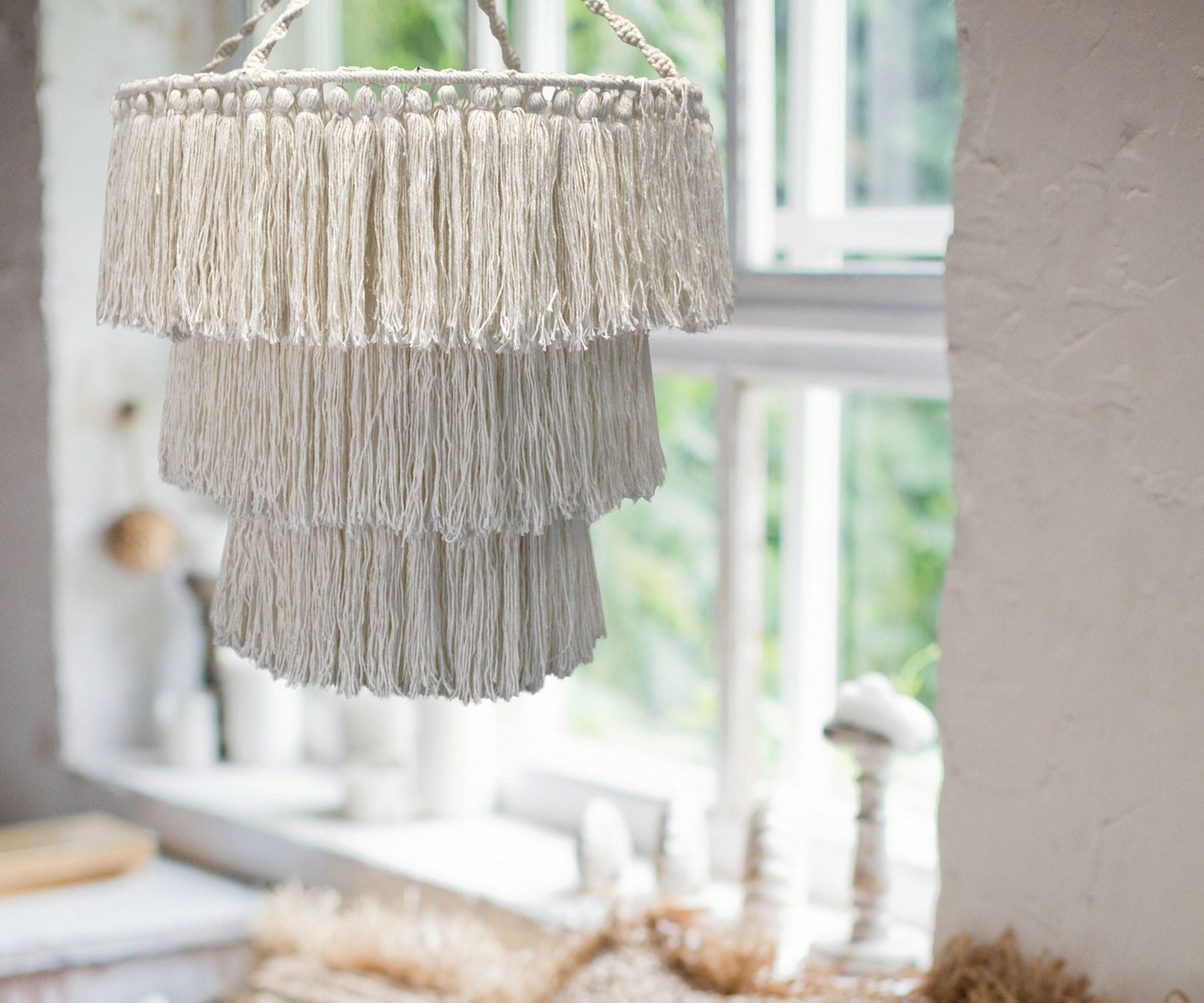 Cotton Macrame Chandelier – 80x50 CM, boho handwoven natural cotton fringe pendant light hanging indoors by window
