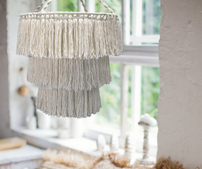 Cotton Macrame Chandelier – 80x50 CM, boho handwoven natural cotton fringe pendant light hanging indoors by window