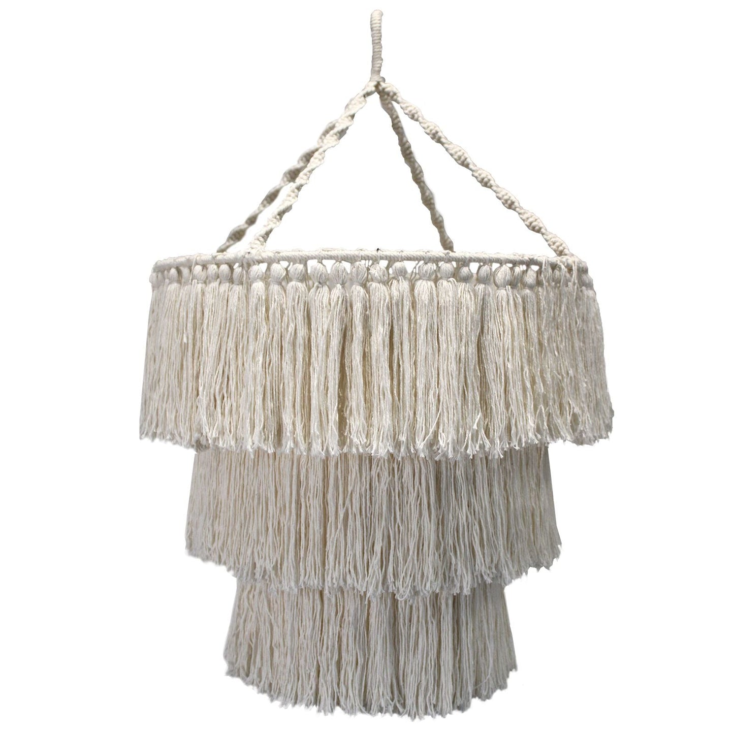 Alt Tag: Cotton Macrame Chandelier – 80x50 CM boho handwoven cotton macrame chandelier with layered fringe shade, natural off-white hanging light