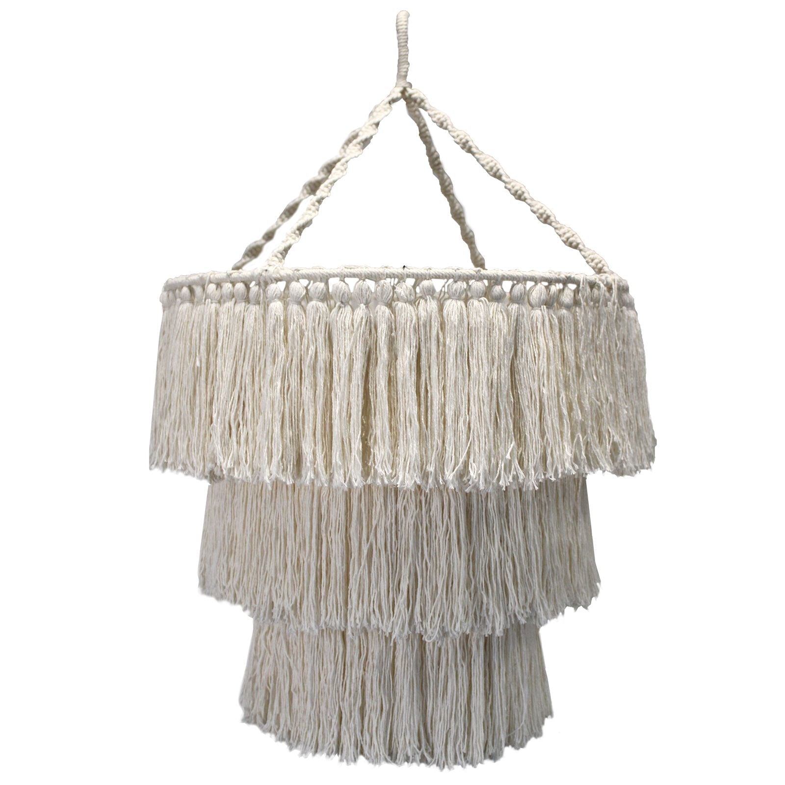 Alt Tag: Cotton Macrame Chandelier – 80x50 CM boho handwoven cotton macrame chandelier with layered fringe shade, natural off-white hanging light