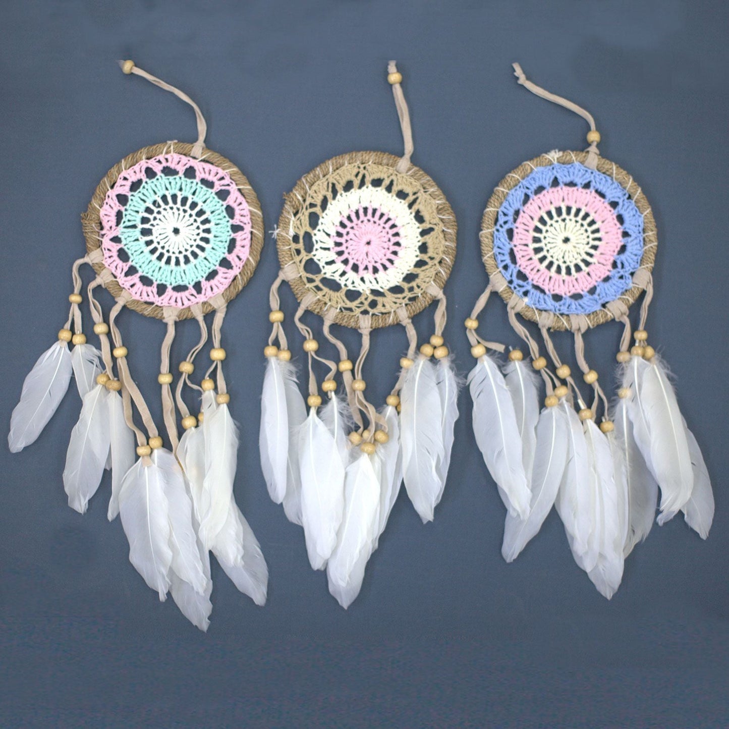 Cotton Macramé Dream Catcher – 12 CM Pastel Delight, handmade pastel crochet dreamcatcher with cotton macramé and white feathers