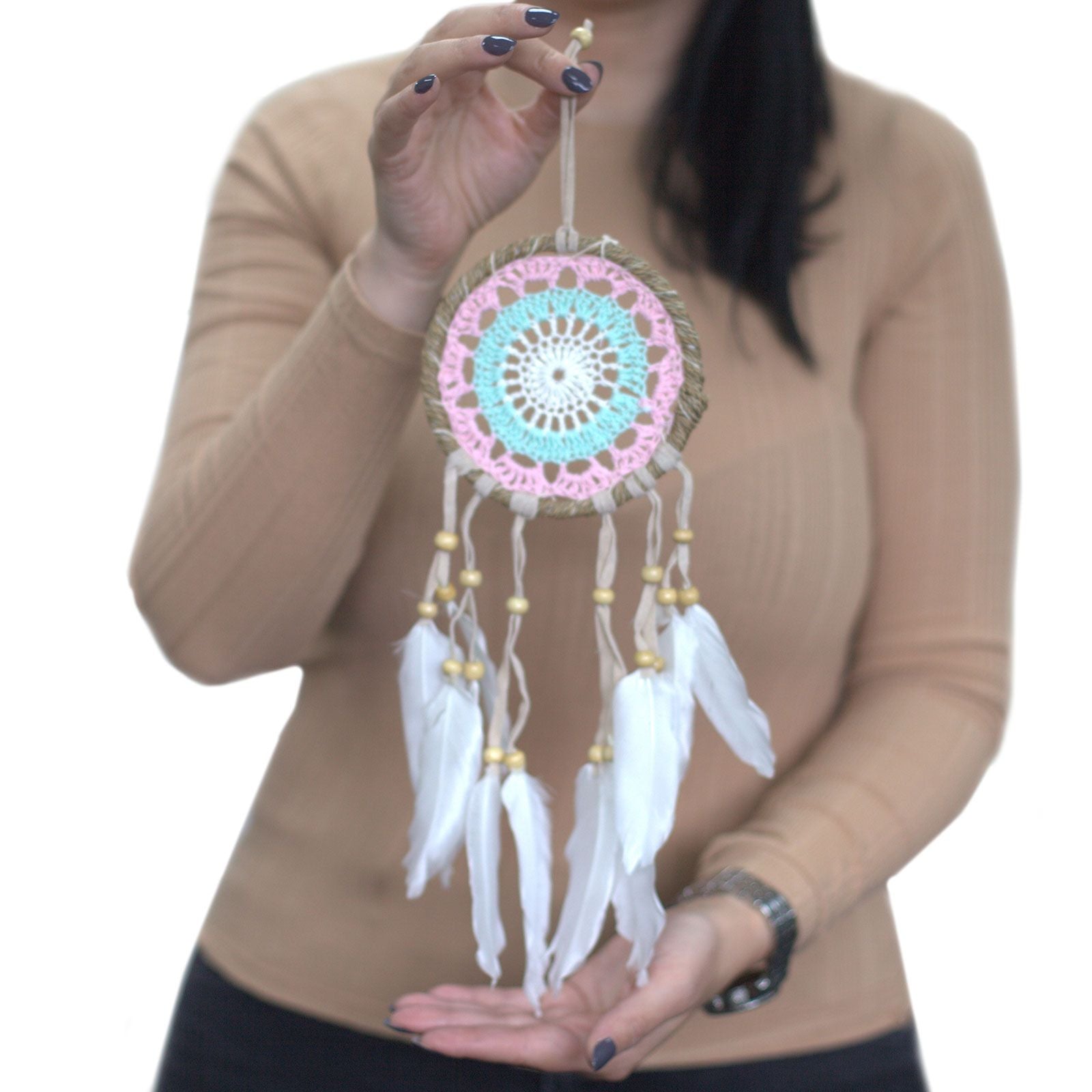 Alt Tag: Cotton Macramé Dream Catcher – 12 CM Pastel Delight, pastel pink crochet circle with white feathers, handcrafted Bali decor