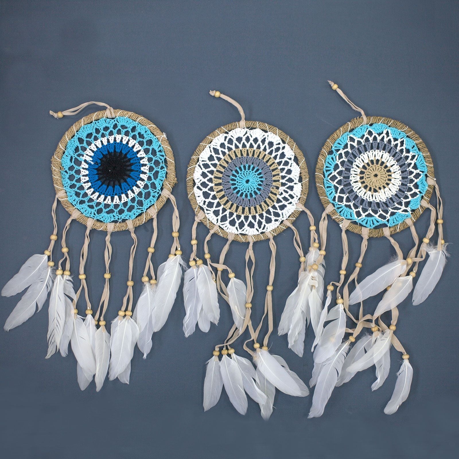 Cotton Macramé Dream Catcher – 16CM Pastel Blue handmade cotton macramé dreamcatcher with feathers, Balinese decor wall hanging