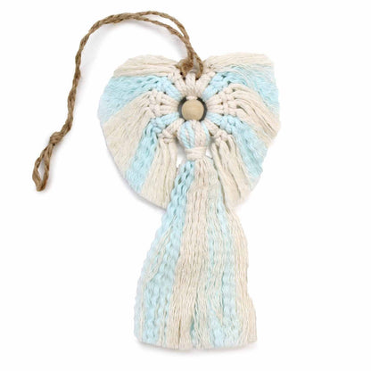 Alt Tag: Cotton Guardian Angel – Boy Macrame adorno de ángel de macramé de algodón 22x14 CM en crema y azul claro con lazo para colgar