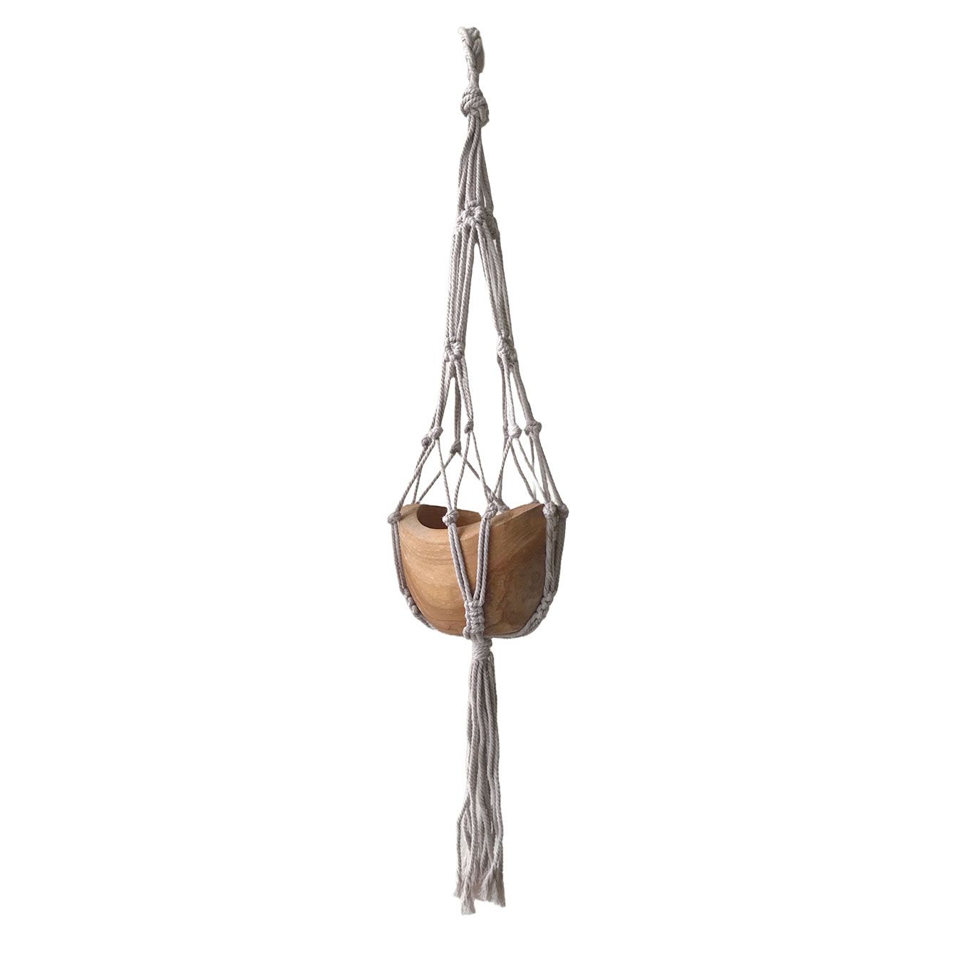 Alt Tag: Cotton Macrame Pot Holder – Beige 75CM, handmade cotton macrame plant hanger with wooden bowl accent, 75 cm