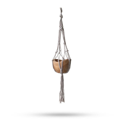 Cotton Macrame Pot Holder – Beige 75CM hanging cotton macrame plant holder with wood accents and tassel, front view