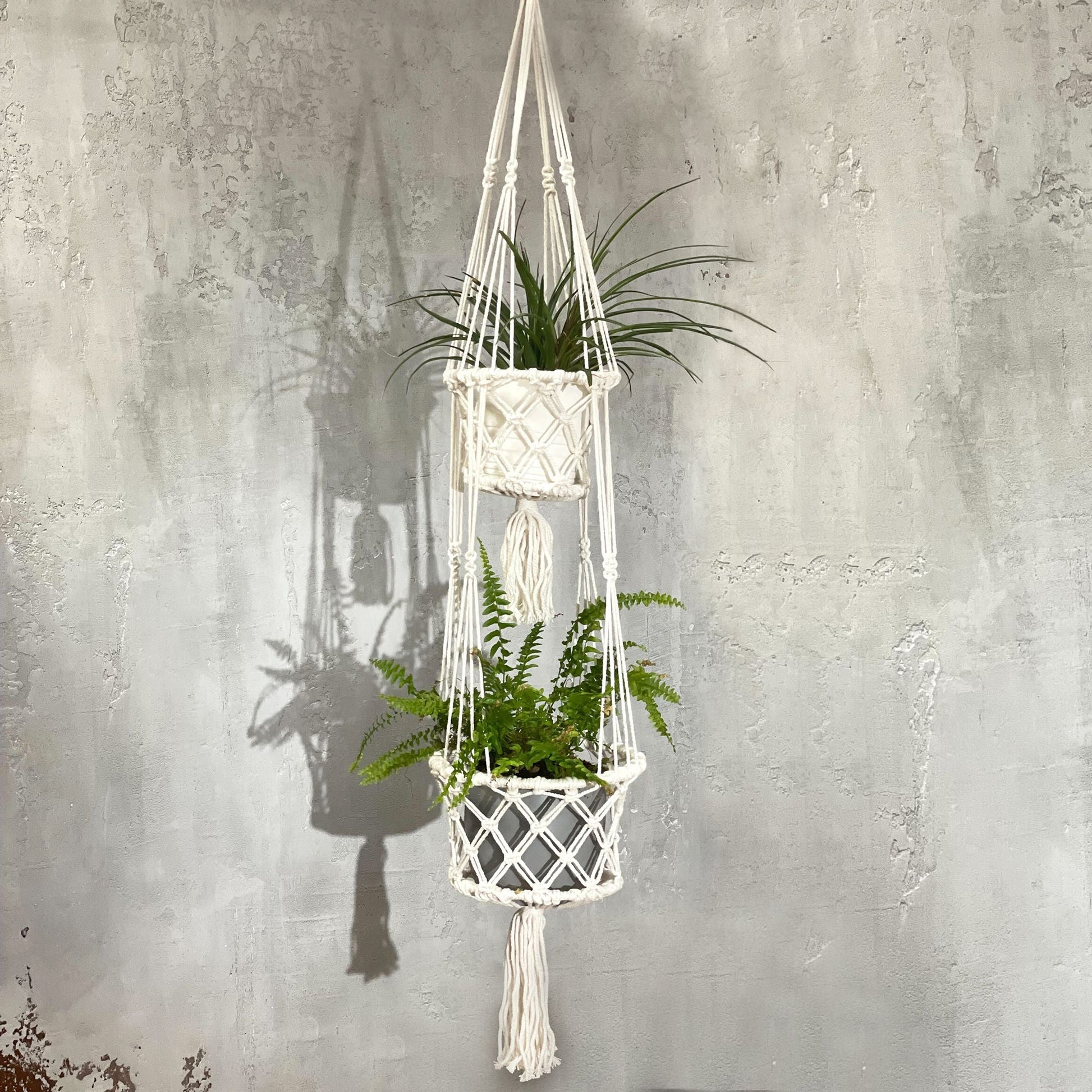 Cotton Macrame Pot Holder – Double Hanger in natural cotton with two hanging plant baskets against a gray textured wall