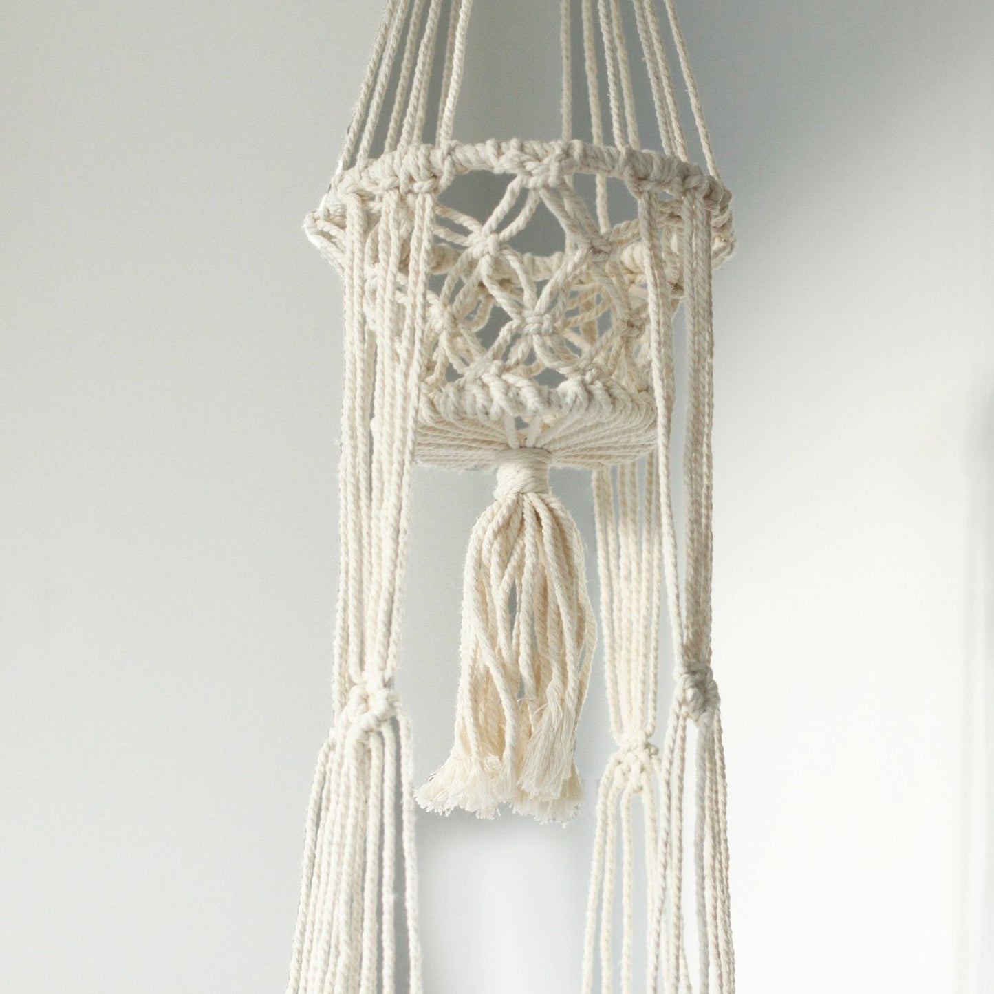 Alt Tag: Cotton Macrame Pot Holder – Double Hanger, 100% natural cotton double plant hanger with braided knots and tassel