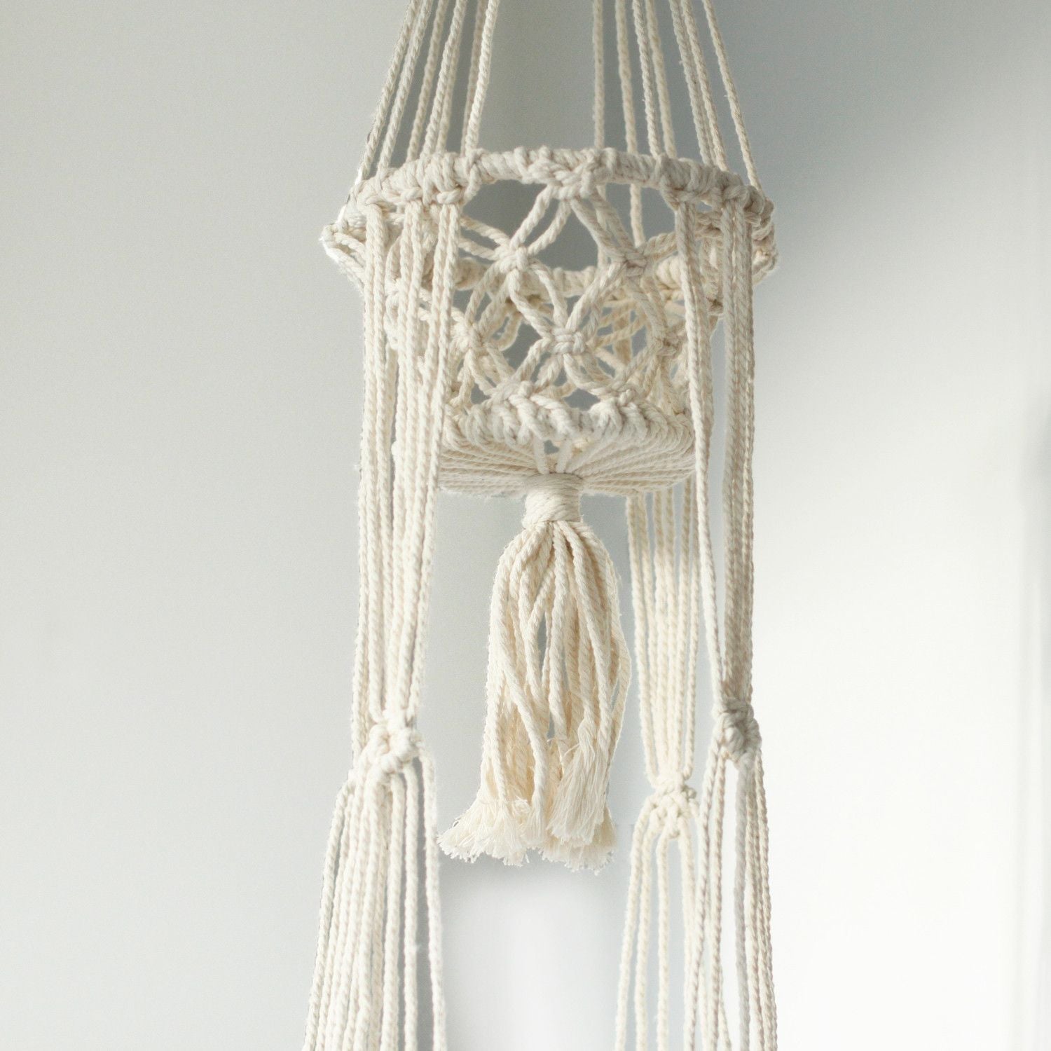 Alt Tag: Cotton Macrame Pot Holder – Double Hanger, 100% natural cotton double plant hanger with braided knots and tassel