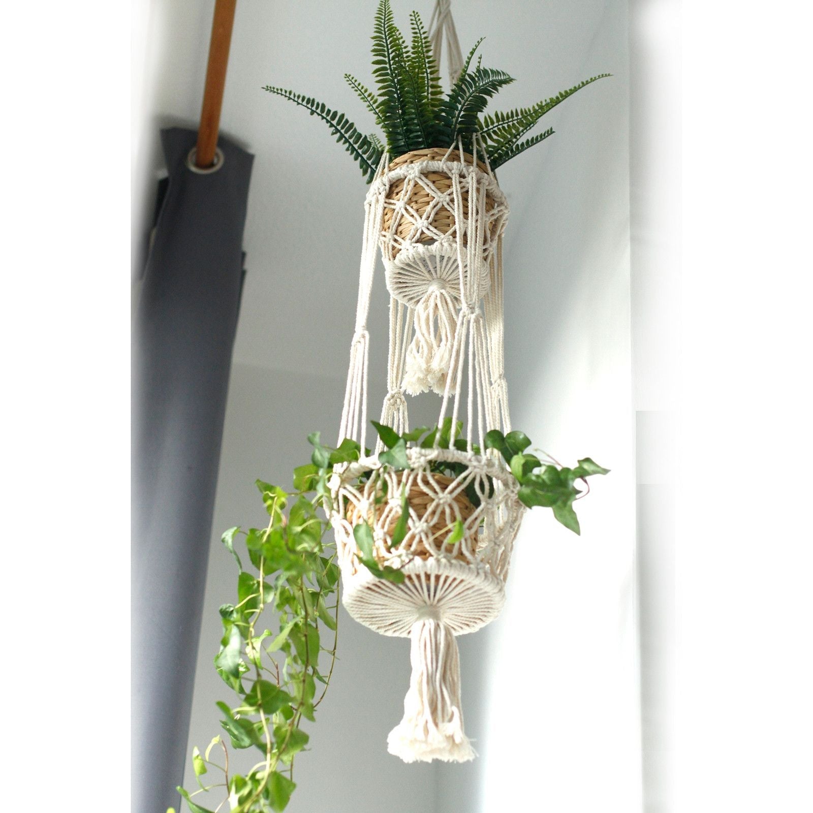 Alt Tag: Cotton Macrame Pot Holder – Double Hanger with two plants, natural cotton macrame double hanger, 100x22 cm