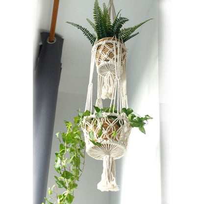 Alt Tag: Cotton Macrame Pot Holder – Double Hanger with two plants, natural cotton macrame double hanger, 100x22 cm