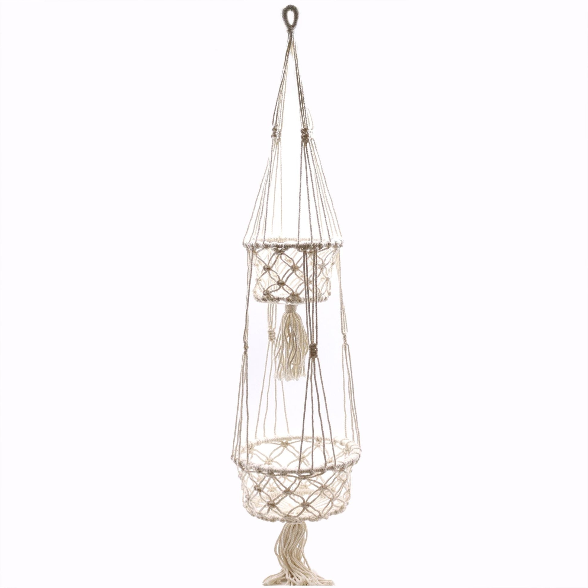 Cotton Macrame Pot Holder – Double Hanger, natural cotton double hanging plant holder with two baskets, 100x22 cm