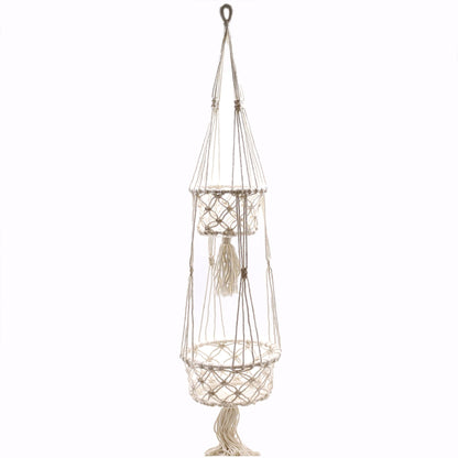 Cotton Macrame Pot Holder – Double Hanger, natural cotton double hanging plant holder with two baskets, 100x22 cm