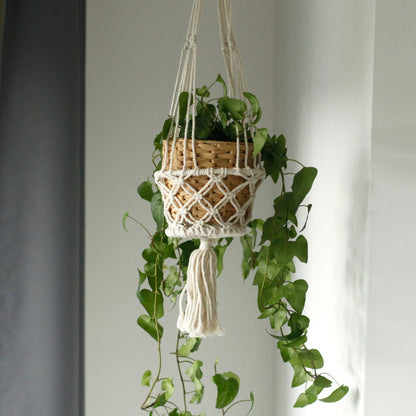 Alt Tag: Cotton Macrame Pot Holder – Double Hanger holding woven basket planter with trailing pothos indoors, natural cotton macrame