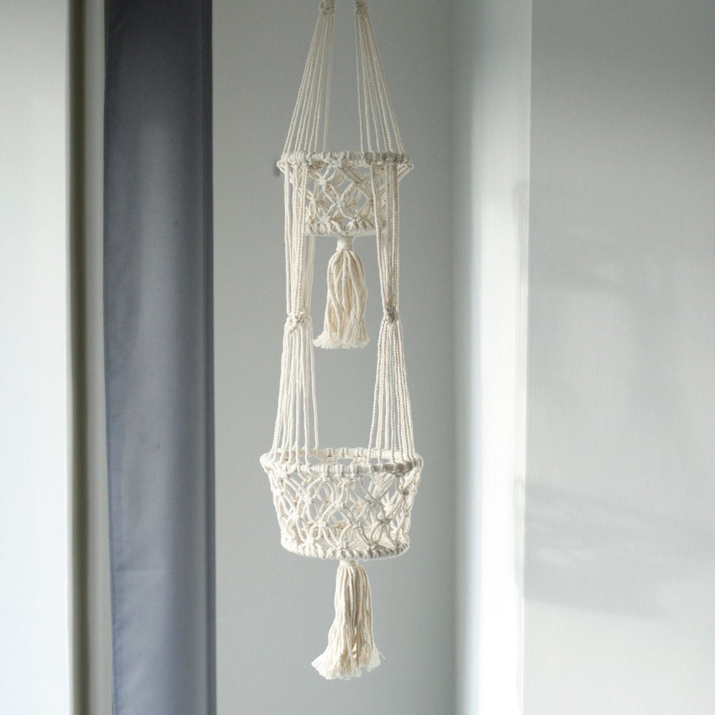 Alt Tag: Cotton Macrame Pot Holder – Double Hanger, natural cotton double macrame plant hanger with tassels, 100x22 cm