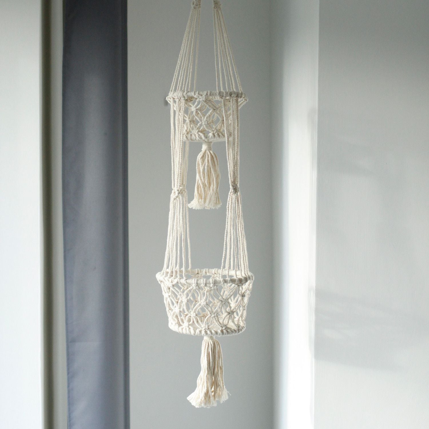 Alt Tag: Cotton Macrame Pot Holder – Double Hanger, natural cotton double macrame plant hanger with tassels, 100x22 cm