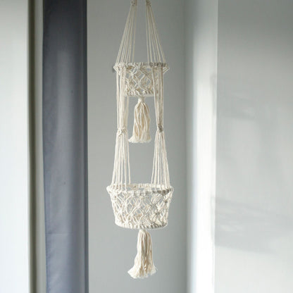 Alt Tag: Cotton Macrame Pot Holder – Double Hanger, natural cotton double macrame plant hanger with tassels, 100x22 cm