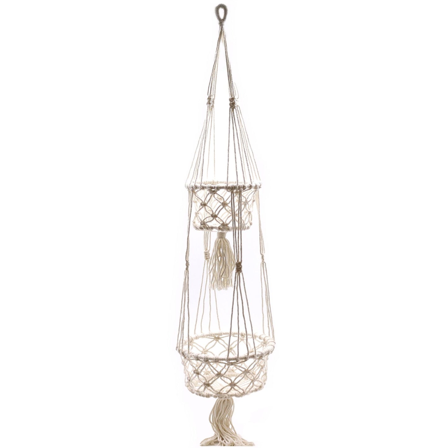Alt Tag: Cotton Macrame Pot Holder – Double Hanger, 100% natural cotton double plant hanger with two baskets, 100x22 cm, cream macrame