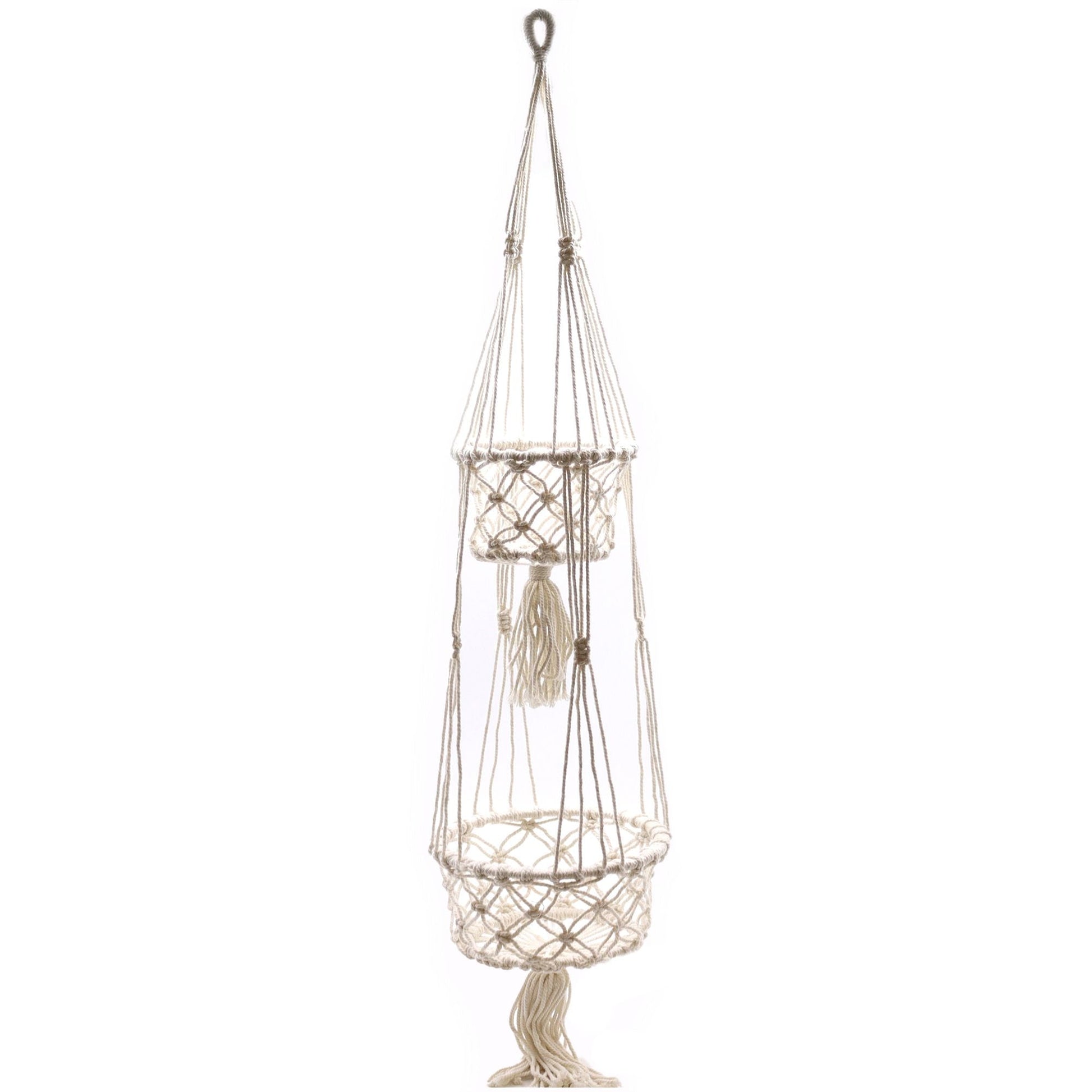 Alt Tag: Cotton Macrame Pot Holder – Double Hanger, 100% natural cotton double plant hanger with two baskets, 100x22 cm, cream macrame