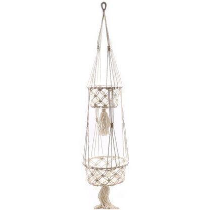 Alt Tag: Cotton Macrame Pot Holder – Double Hanger, 100% natural cotton double plant hanger with two baskets, 100x22 cm, cream macrame