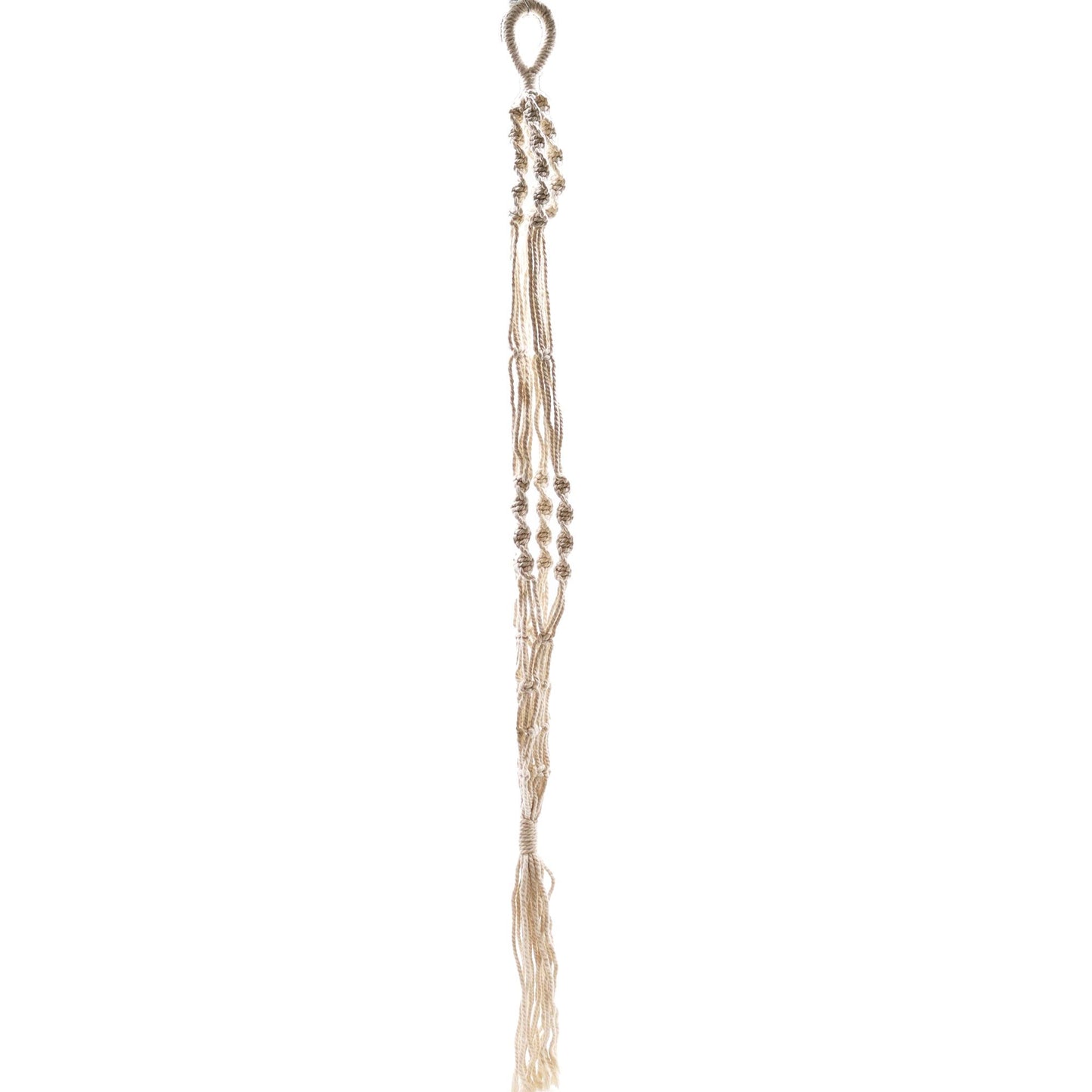 Alt Tag: Cotton Macrame Pot Holder – Large 90x15 CM, extra-long handcrafted cotton macrame plant hanger with loop, beige, on white background