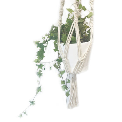 Alt Tag: Cotton Macrame Pot Holder – Large 90x15 CM cream cotton macrame plant hanger holding white pot with trailing ivy
