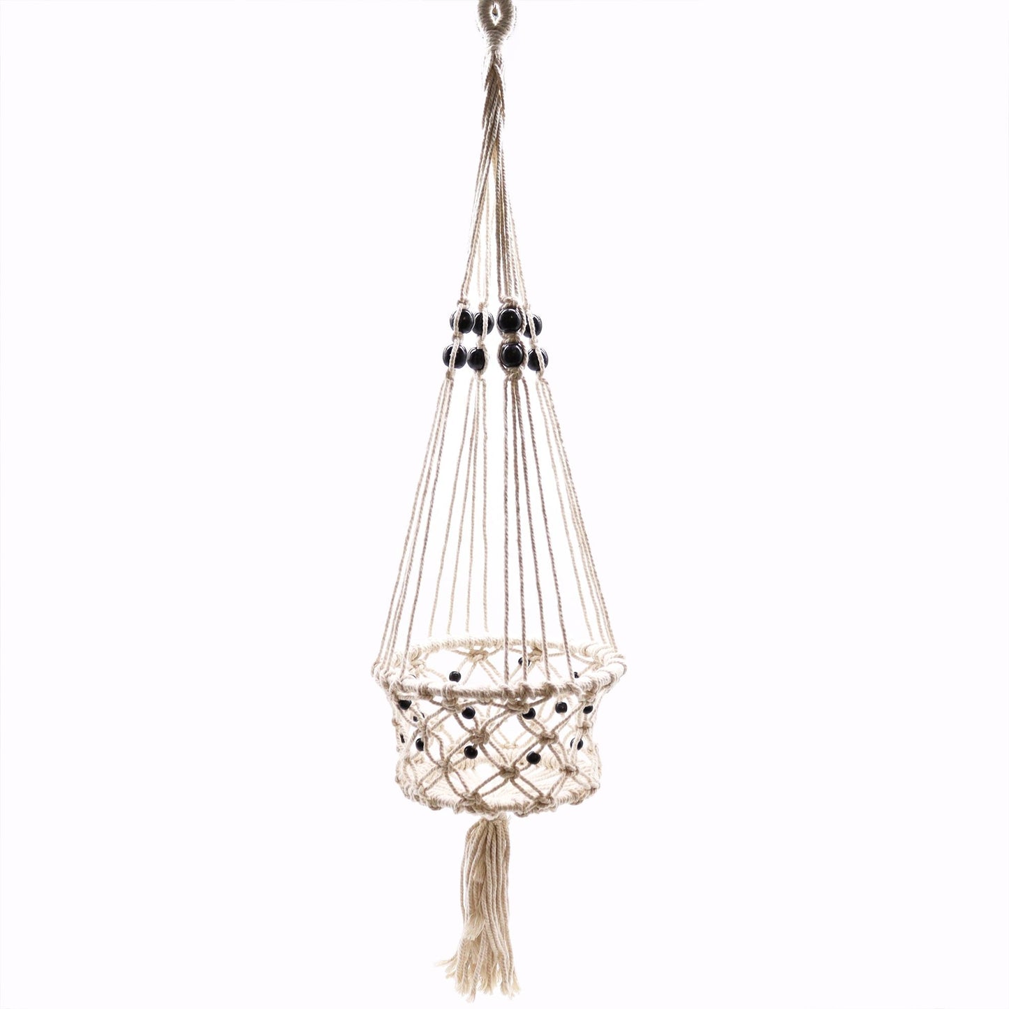 Cotton Macrame Pot Holder – Large Beaded cream cotton hanging planter holder with black beads and tassel, 77x22 cm