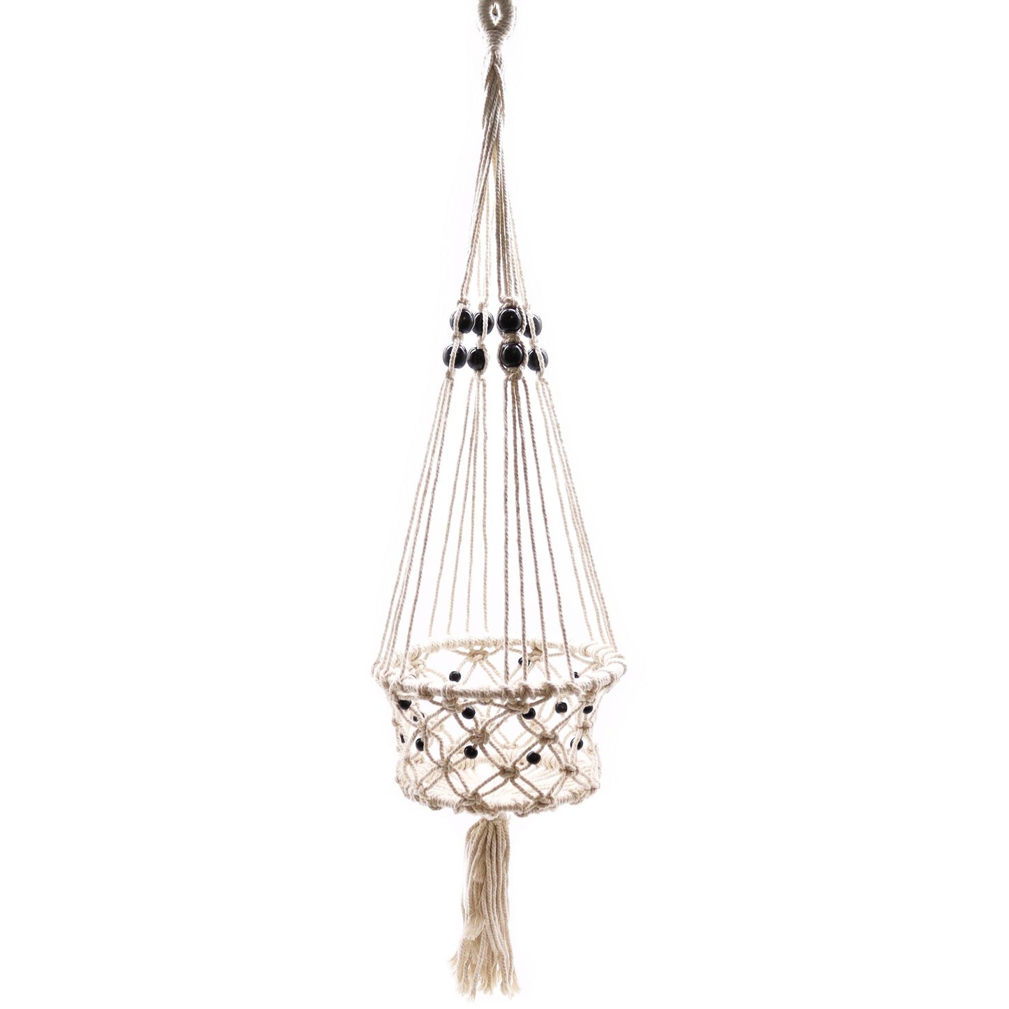 Cotton Macrame Pot Holder – Large Beaded, white cotton plant hanger with black beads and tassel, 77x22 cm