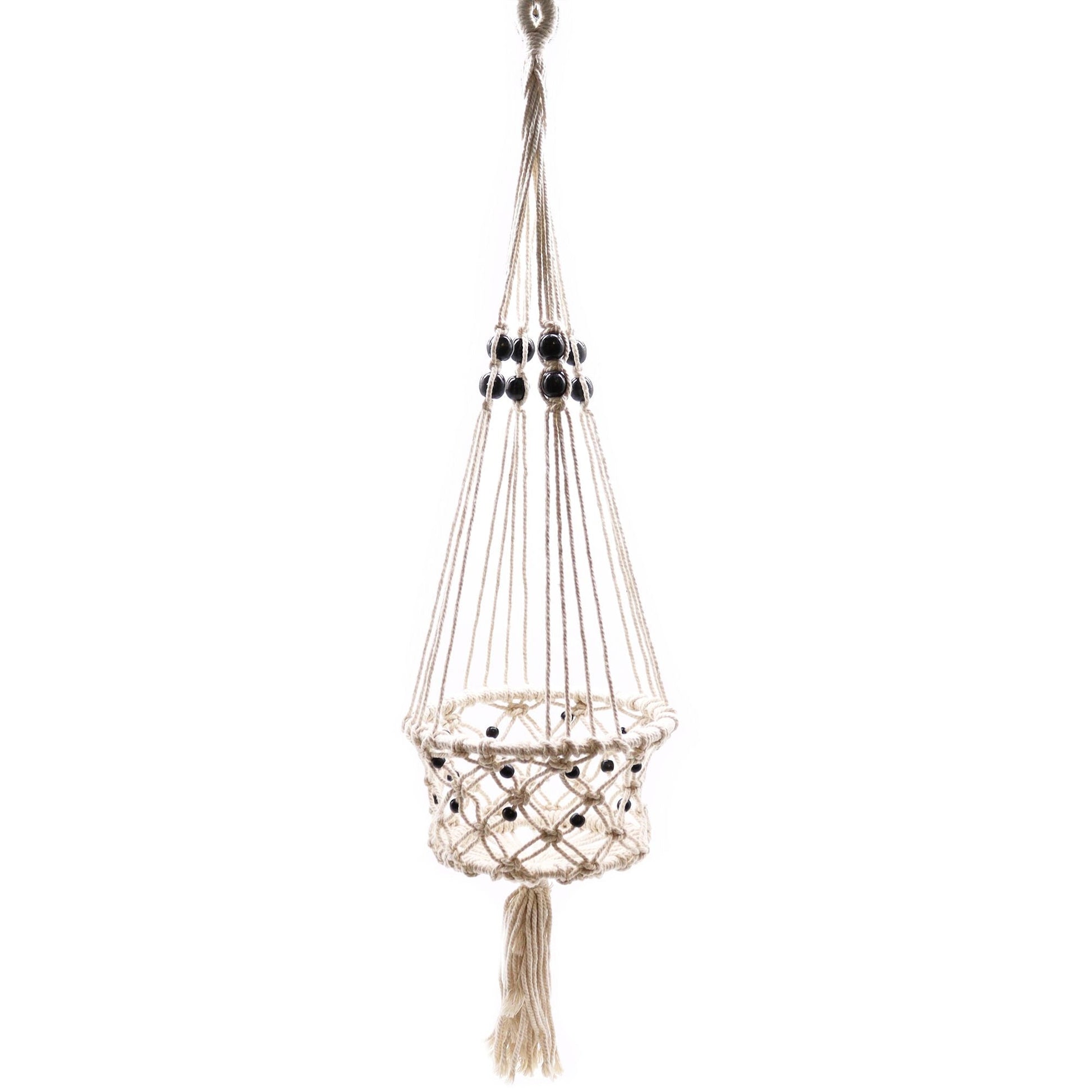 Cotton Macrame Pot Holder – Large Beaded, white cotton plant hanger with black beads and tassel, 77x22 cm