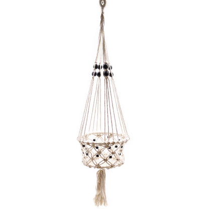 Cotton Macrame Pot Holder – Large Beaded, white cotton plant hanger with black beads and tassel, 77x22 cm