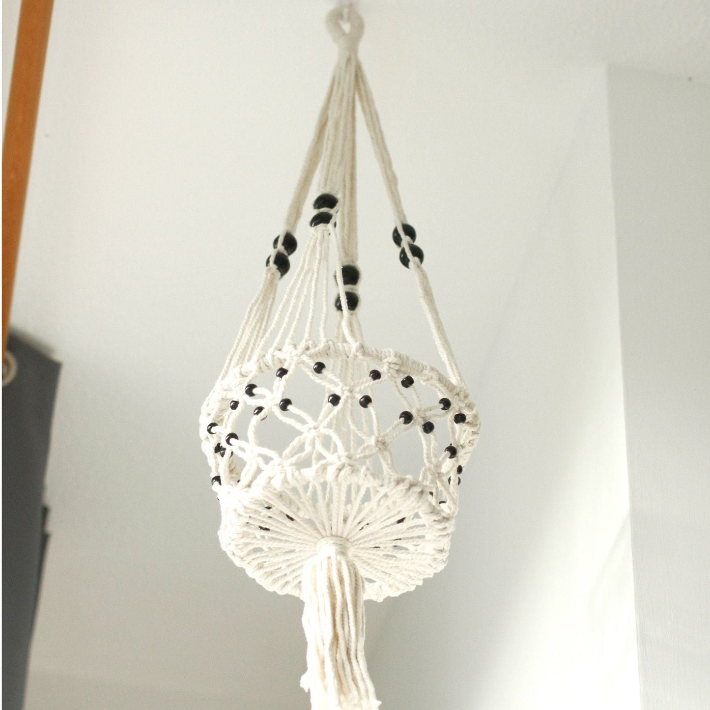 Cotton Macrame Pot Holder – Large Beaded white cotton beaded macrame plant hanger pot holder hanging from ceiling