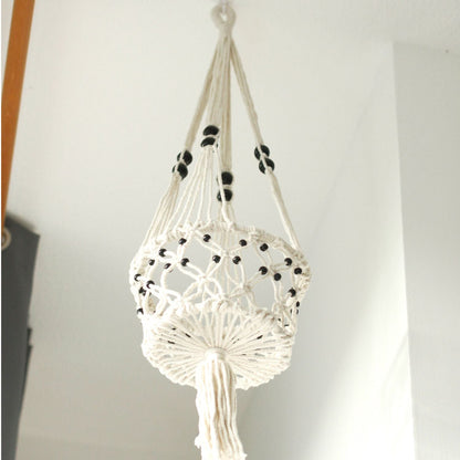 Cotton Macrame Pot Holder – Large Beaded white cotton beaded macrame plant hanger pot holder hanging from ceiling