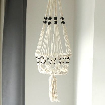 Cotton Macrame Pot Holder – Large Beaded, white cotton hanging planter with black beads and tassel, macrame plant hanger