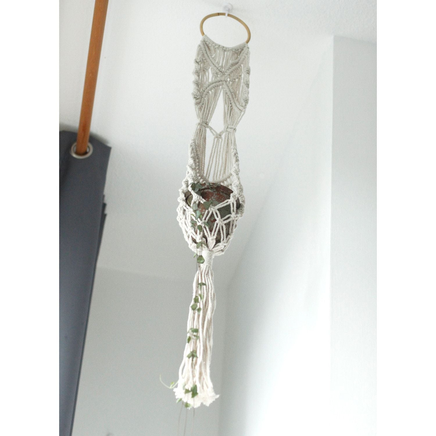 Cotton Macrame Pot Holder – Long Rattan Hoop 100 CM hanging macrame planter holder with rattan hoop, natural cotton cord, indoor plant