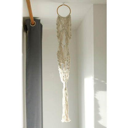Alt Tag: Cotton Macrame Pot Holder – Long Rattan Hoop 100 CM hanging cotton macrame plant holder with rattan hoop in bright room