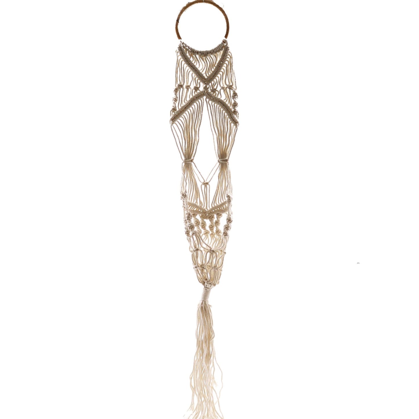 Cotton Macrame Pot Holder – Long Rattan Hoop 100 CM handcrafted cotton macrame plant hanger with rattan hoop, long tassel