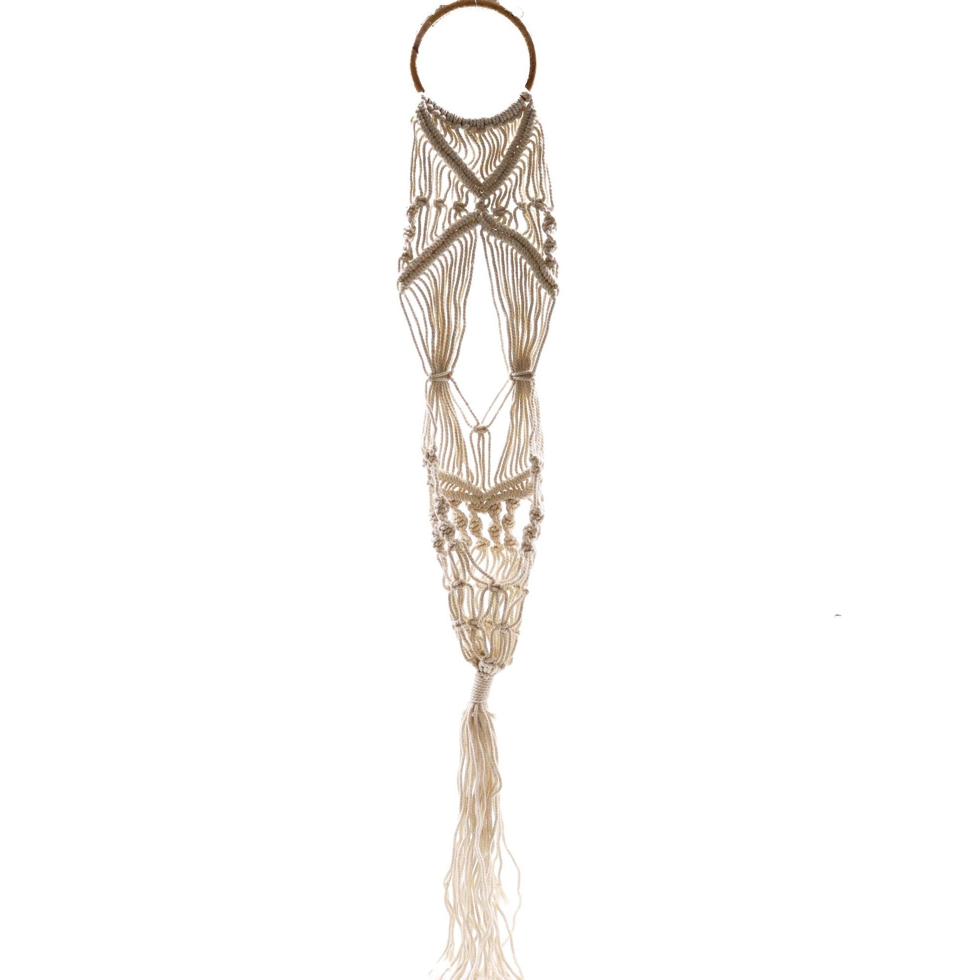 Cotton Macrame Pot Holder – Long Rattan Hoop 100 CM handcrafted cotton macrame plant hanger with rattan hoop, long tassel