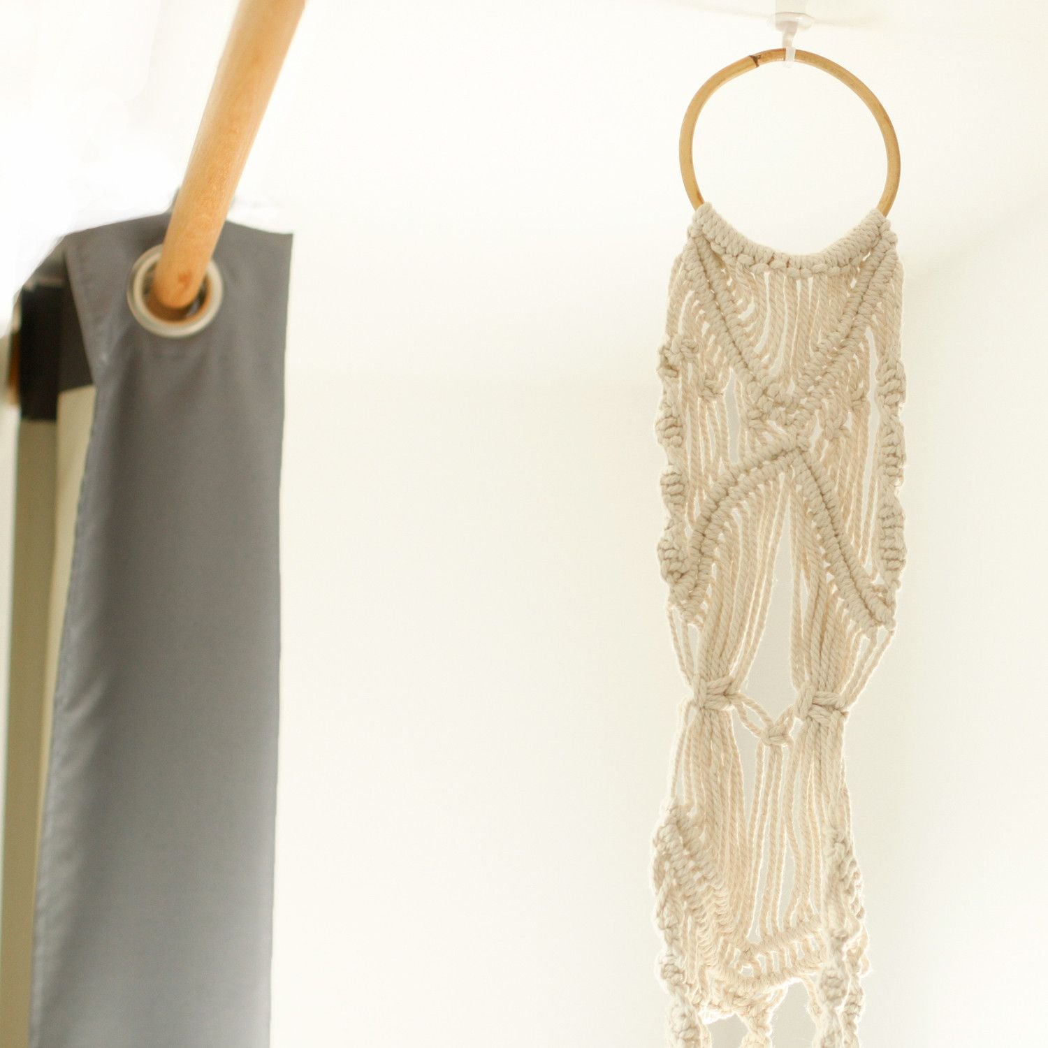 Cotton Macrame Pot Holder – Long Rattan Hoop 100 CM hanging natural cotton macrame plant holder with rattan hoop, boho home decor