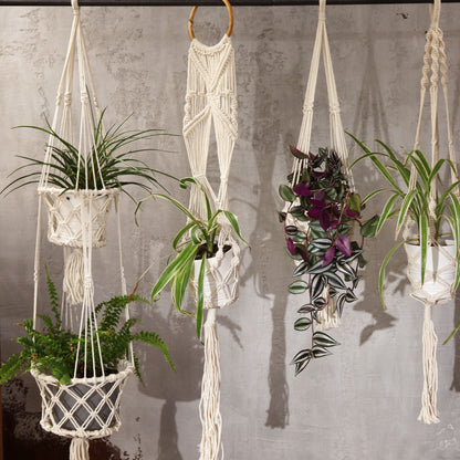 Cotton Macrame Pot Holder – Long Rattan Hoop 100 CM hanging cotton macrame plant hanger with rattan hoop holding indoor potted plants