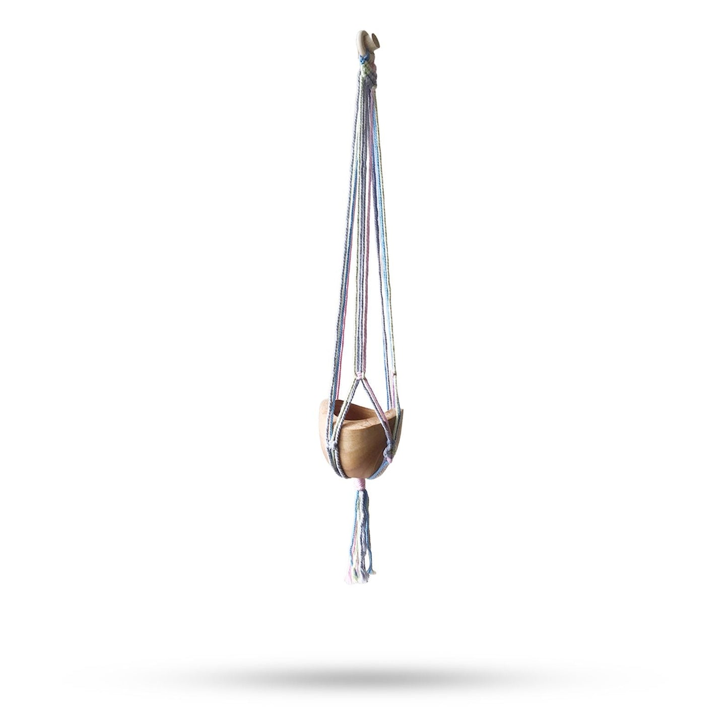 Cotton Macrame Pot Holder – Medium Pastel Tones hanging plant holder with wooden pot, cotton cords in pastel colors