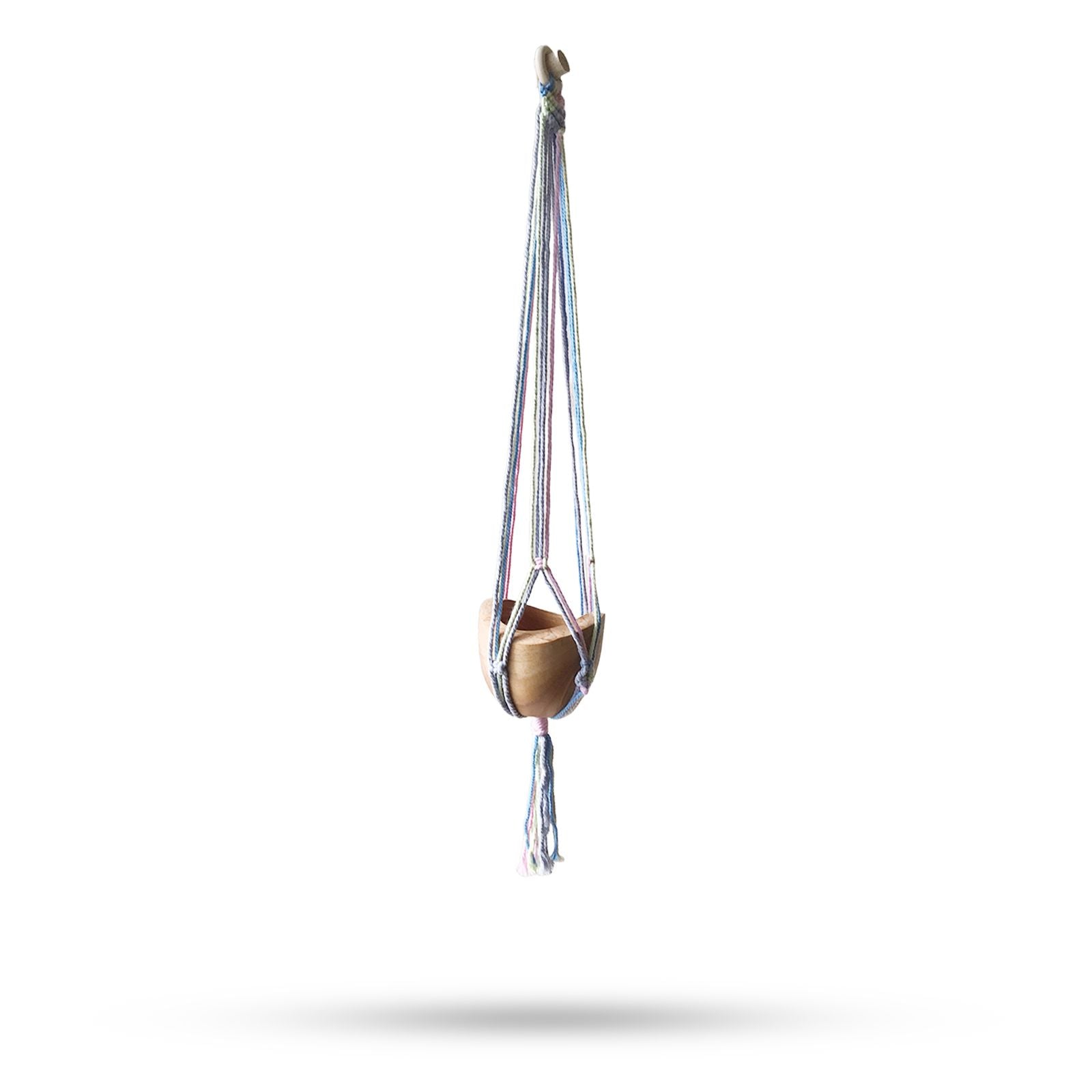 Cotton Macrame Pot Holder – Medium Pastel Tones hanging plant holder with wooden pot, cotton cords in pastel colors