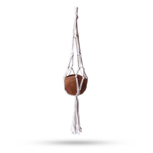 Cotton Macrame Pot Holder – Natural 75CM hanging cotton macrame plant holder with tassel, holding a round brown pot