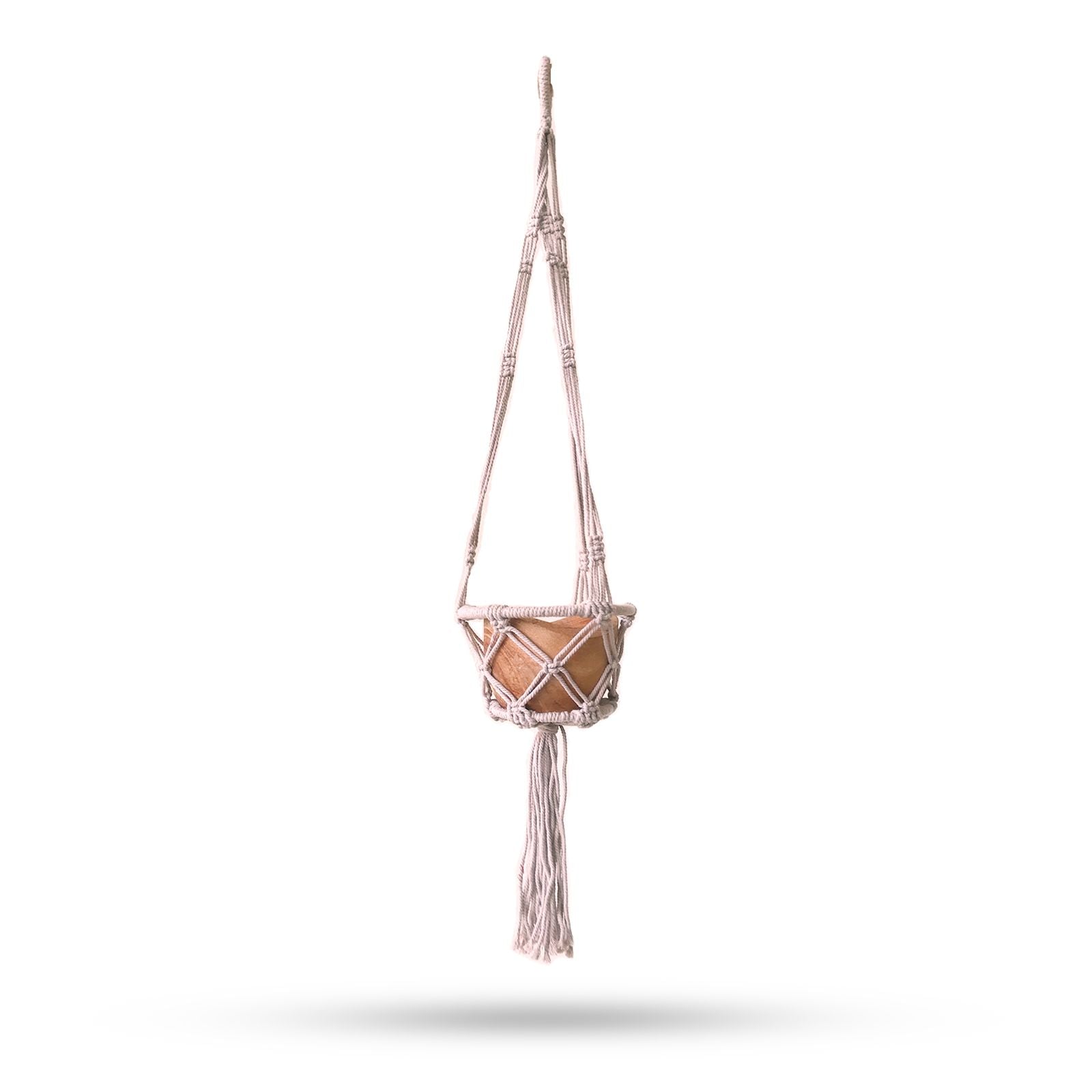 Alt Tag: Cotton Macrame Pot Holder – Small Beige 16CM Hoop hanging beige cotton macrame plant holder with 16 cm wooden hoop