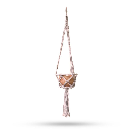 Alt Tag: Cotton Macrame Pot Holder – Small Beige 16CM Hoop hanging beige cotton macrame plant holder with 16 cm wooden hoop