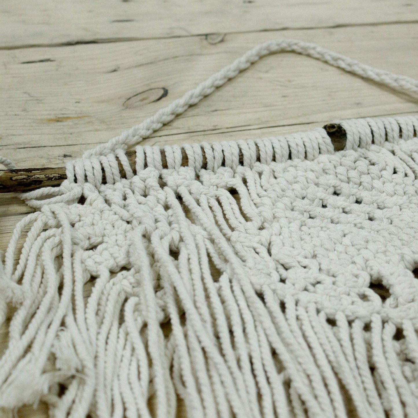 Alt Tag: Cotton Macrame Wall Hanging – 56x40 CM handwoven cotton wall decor with fringe tassels on wooden dowel, boho style