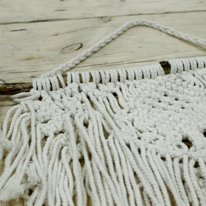 Alt Tag: Cotton Macrame Wall Hanging – 56x40 CM handwoven cotton wall decor with fringe tassels on wooden dowel, boho style