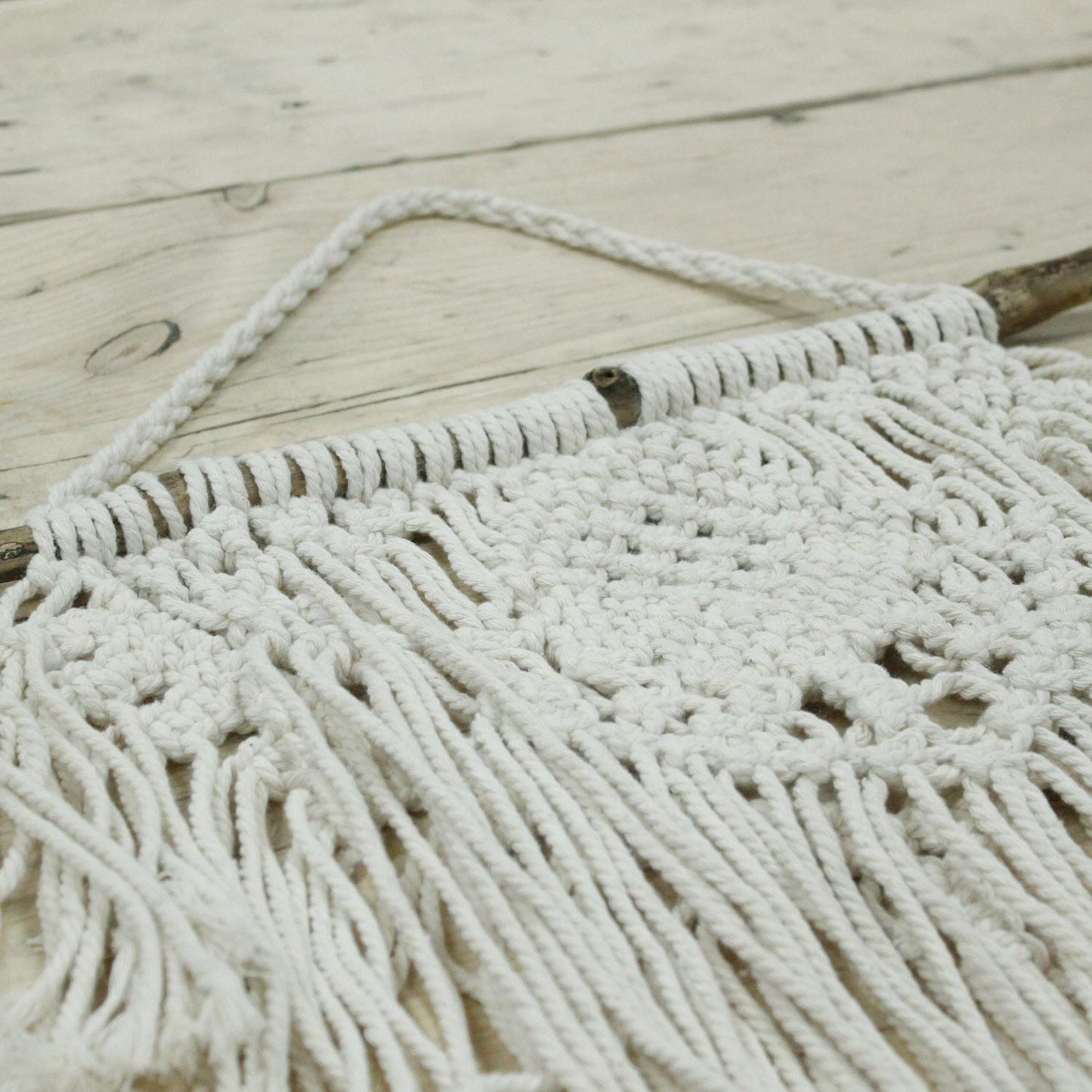 Alt Tag: Cotton Macrame Wall Hanging – 56x40 CM, handwoven natural cotton macrame wall decor with fringe on wooden dowel