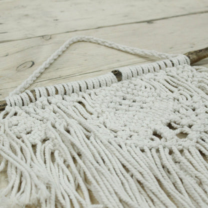 Alt Tag: Cotton Macrame Wall Hanging – 56x40 CM, handwoven natural cotton macrame wall decor with fringe on wooden dowel